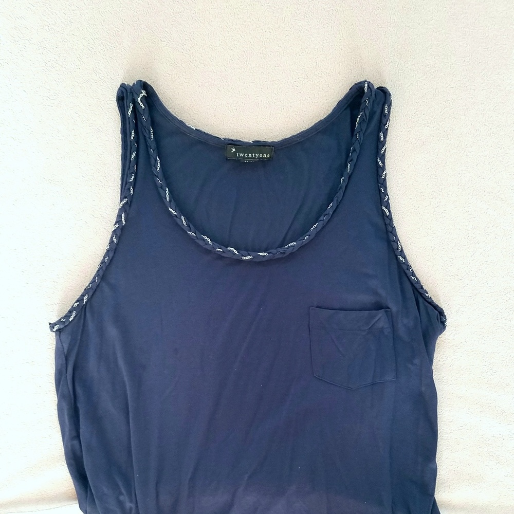 Navy Blue Pocket Tank Top with Silver Braid